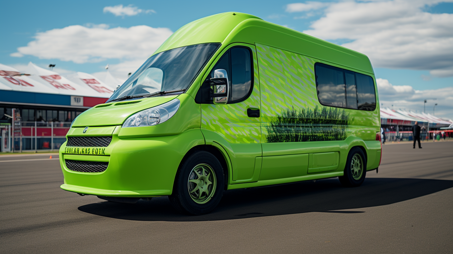 Vibrant lime green ice cream van on racetrack