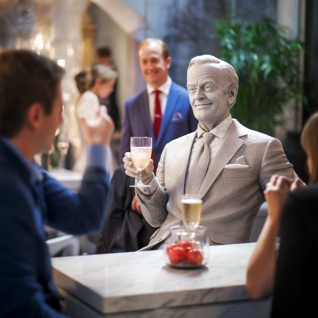 Frasier Crane limestone statue at cocktail party