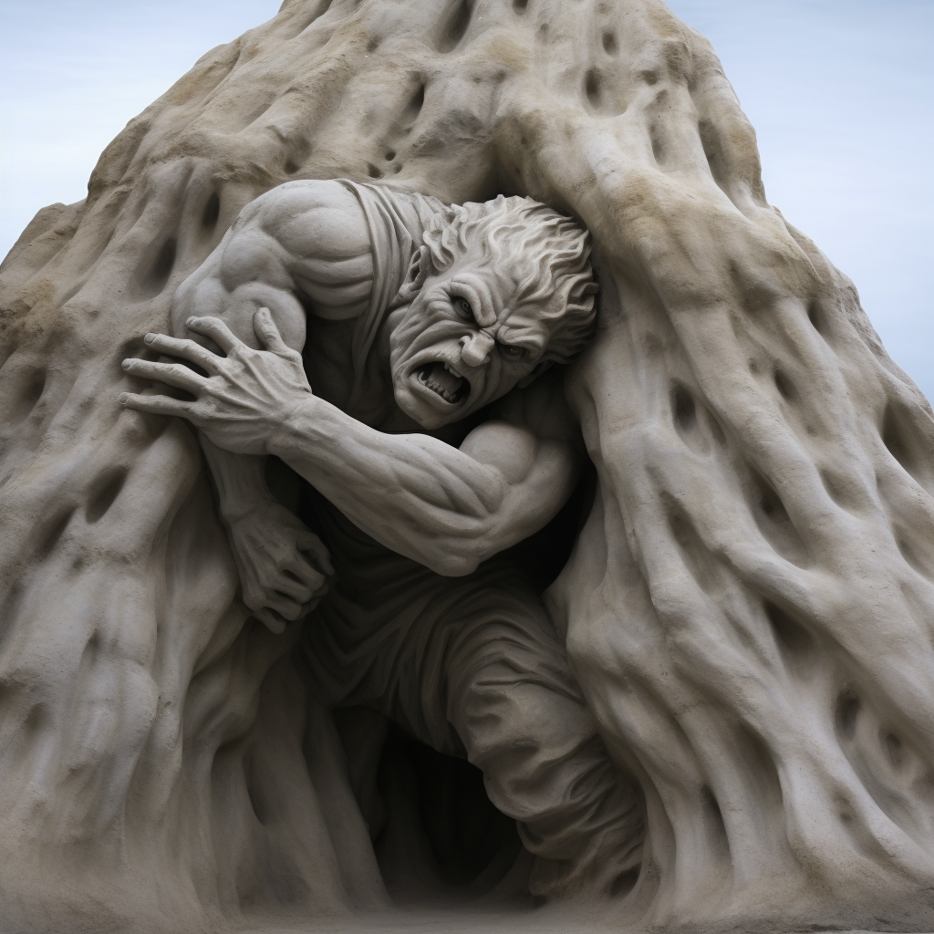 Man Pulling Out from Limestone Cliffside Carving