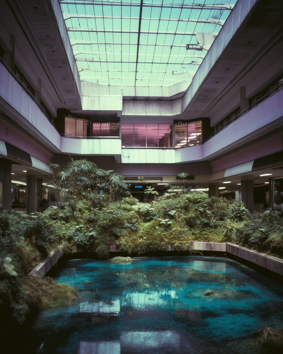 Liminal vaporwave aquarium mall with waterfall