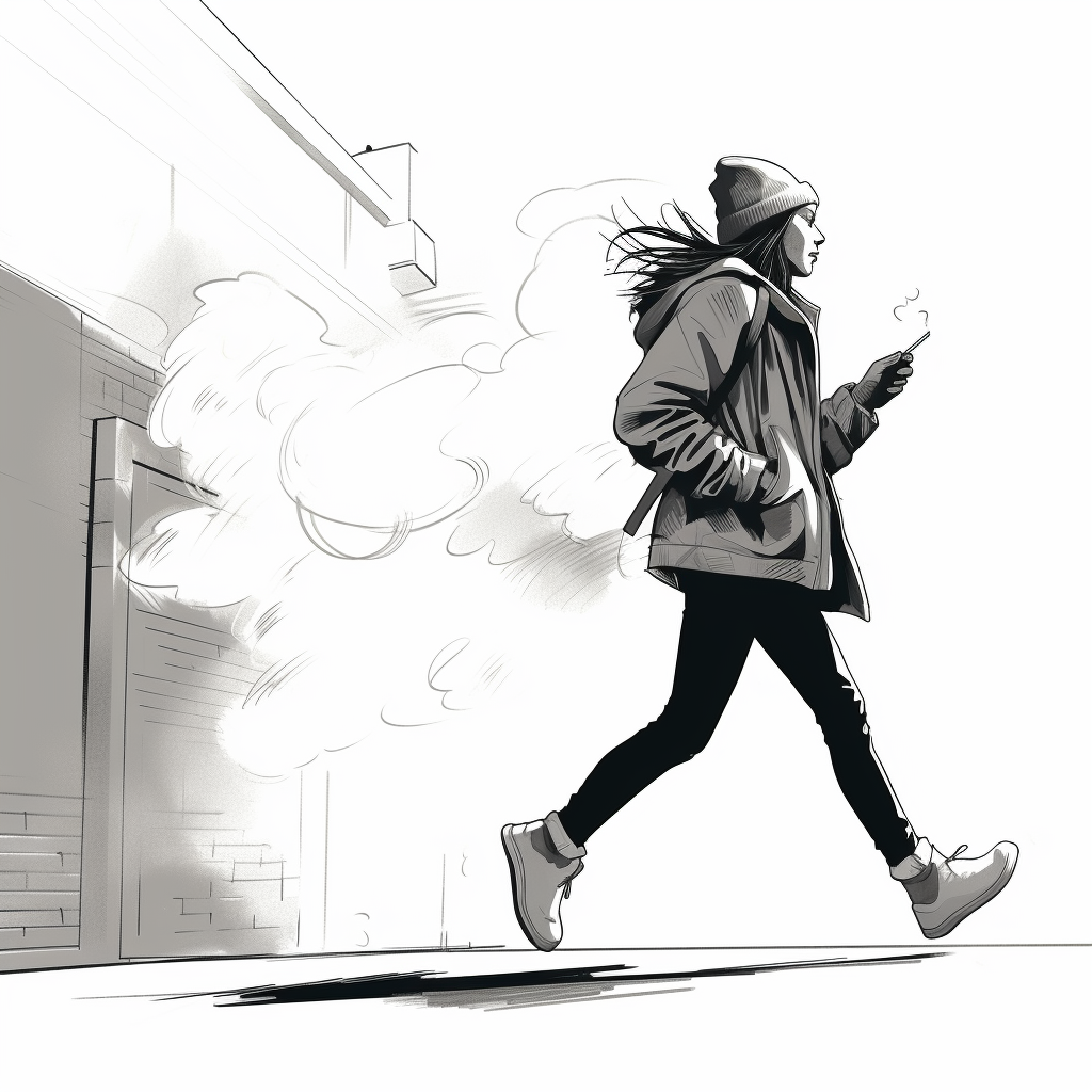 Black and white line art of woman running on street