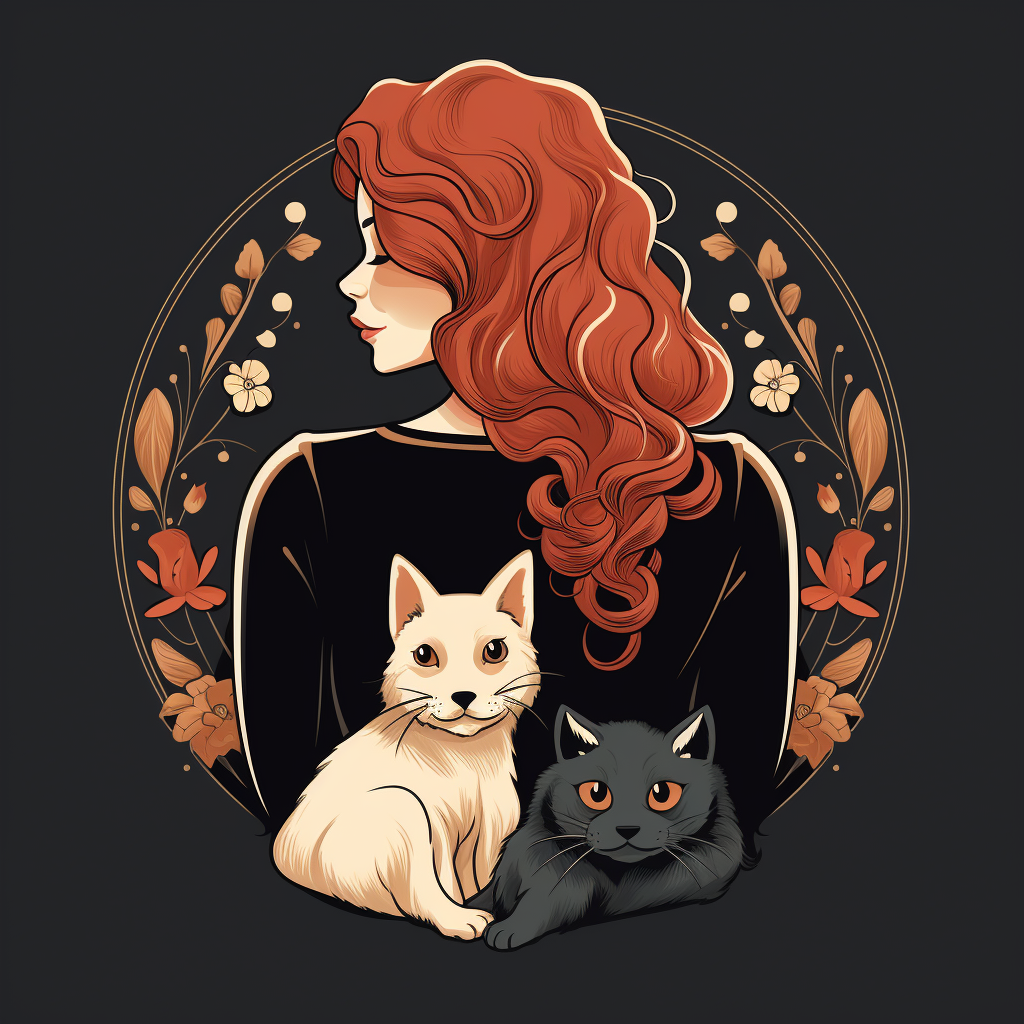 Woman with Ginger Hair, Black Cat, White Dog