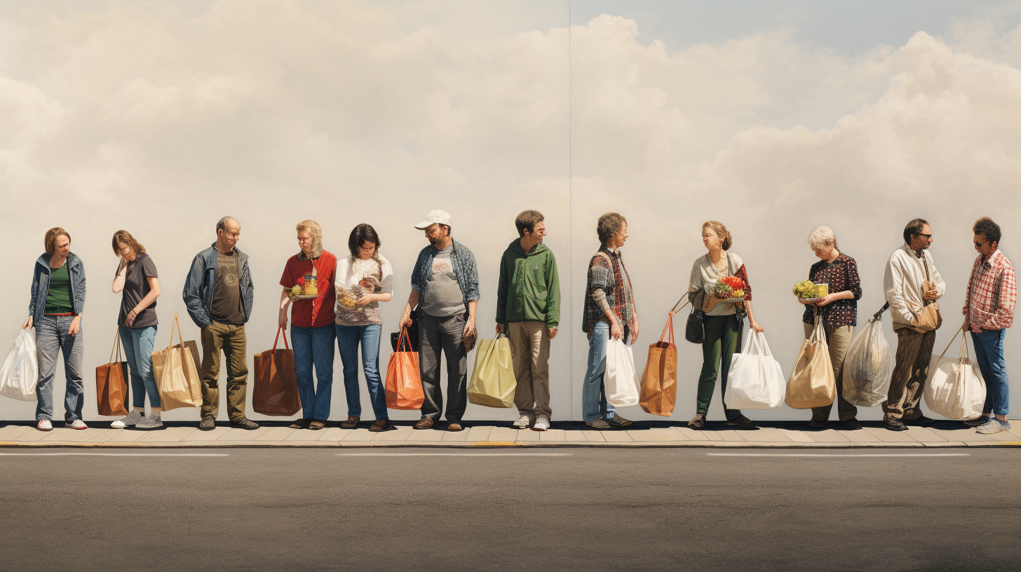 People connecting through Aldi groceries bags