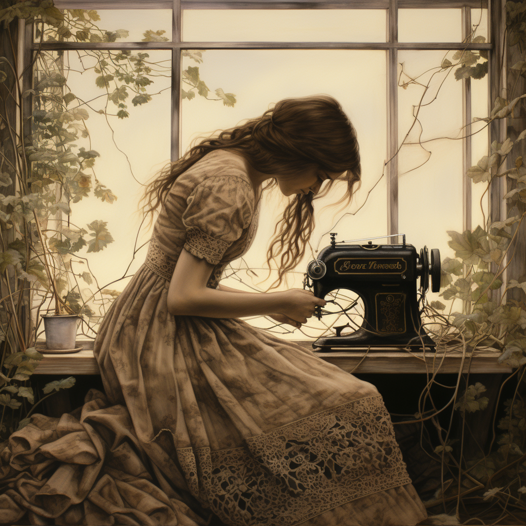 Girl in Linen Dress Using Victorian Sewing Machine