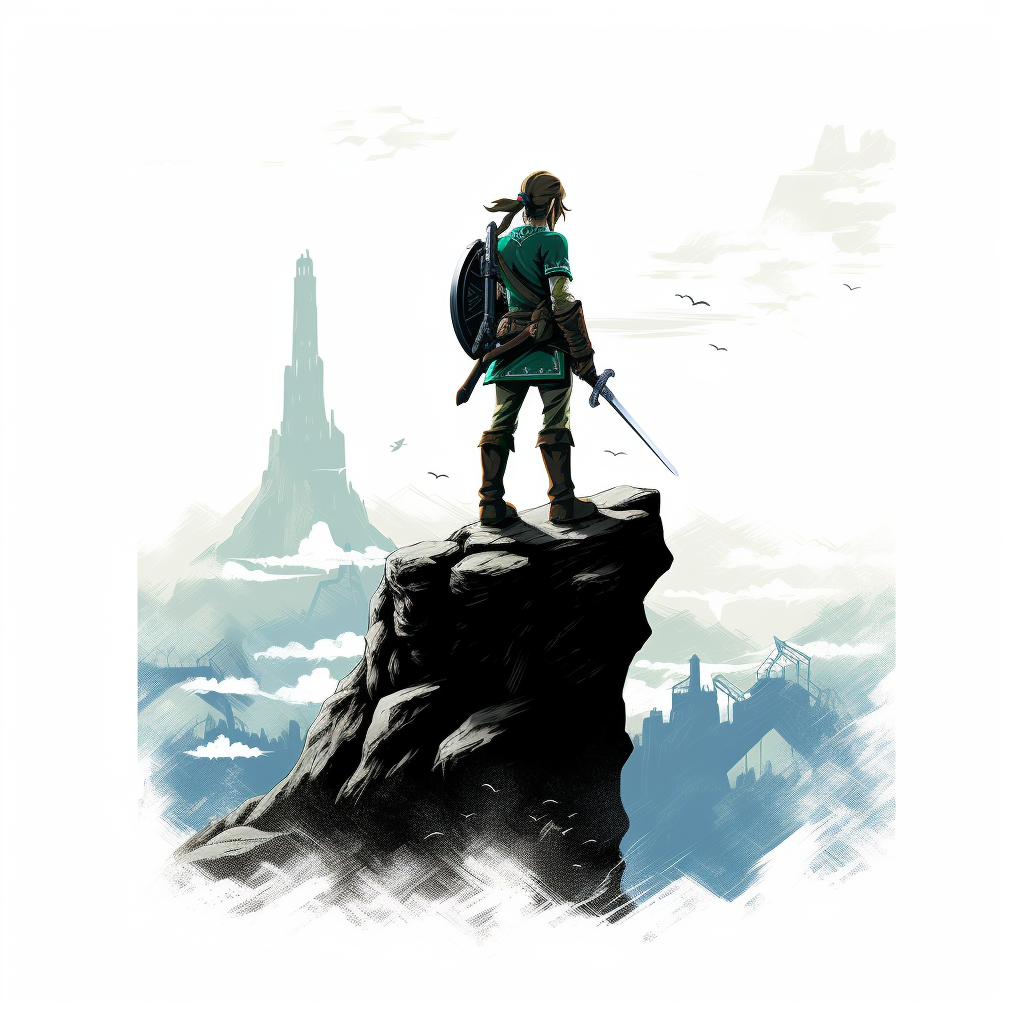 Minimalist illustration of Link standing on a cliff