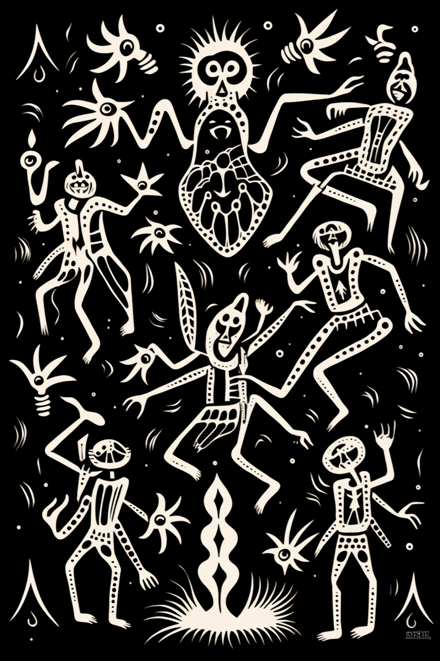 Linocut of Dancing Devils on Playing Card Back