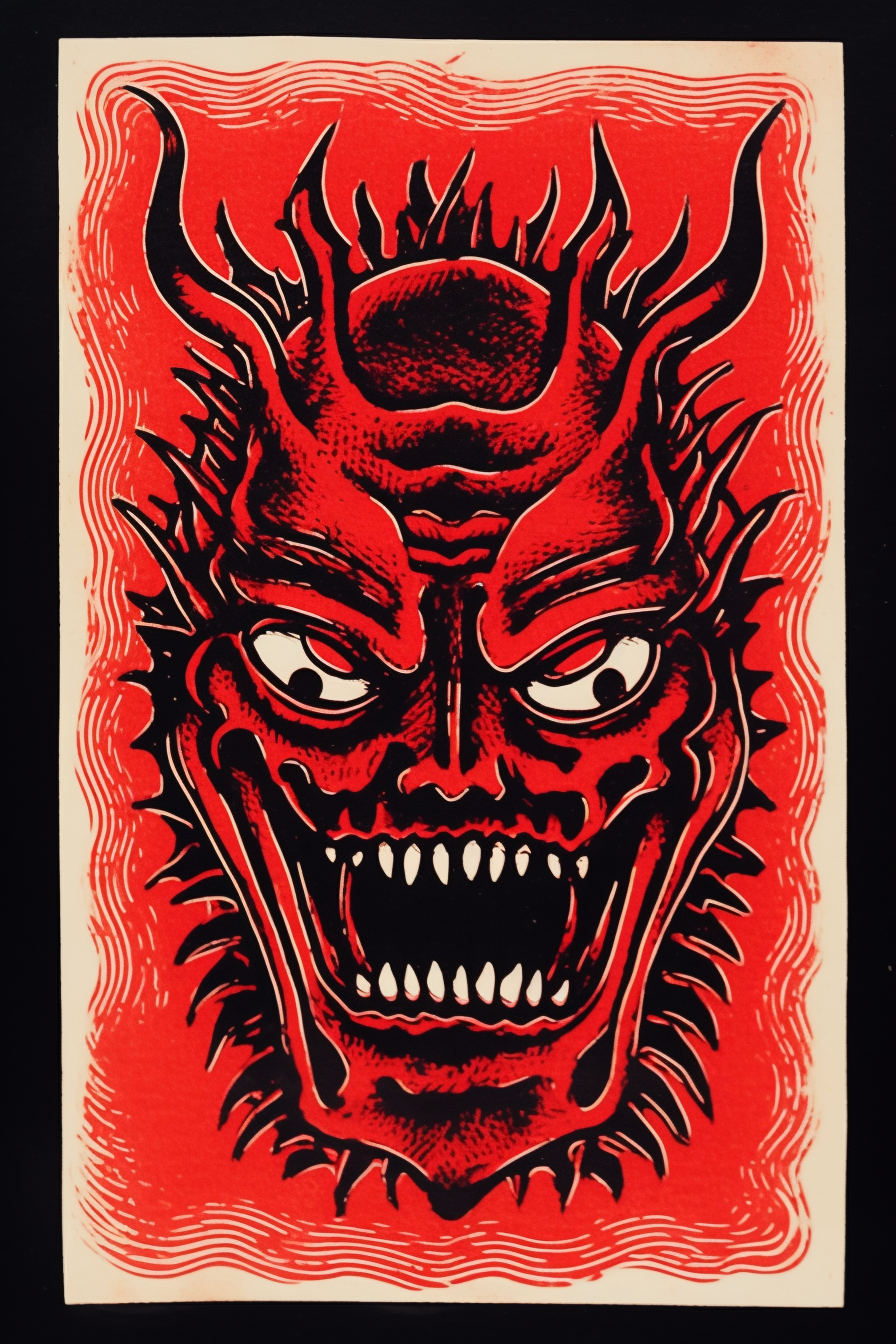 Devil-themed playing card linocut