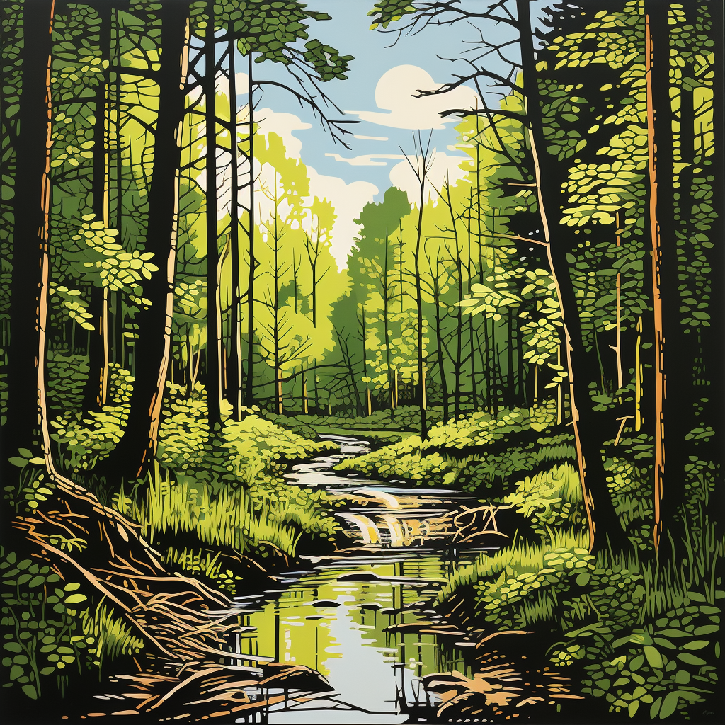 Beautiful linocut trees in rainforest