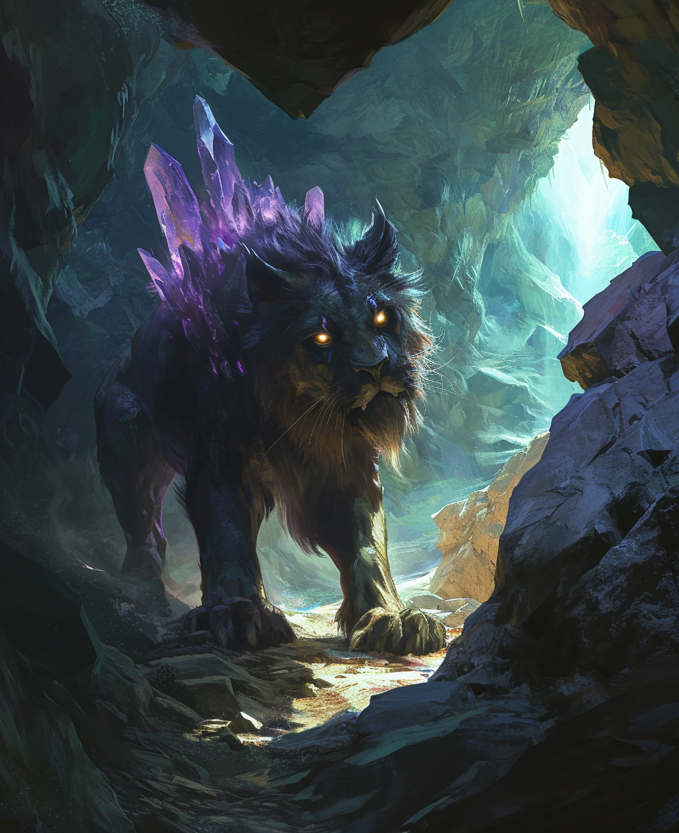 Half lion, half bat creature with purple crystals in moody cave