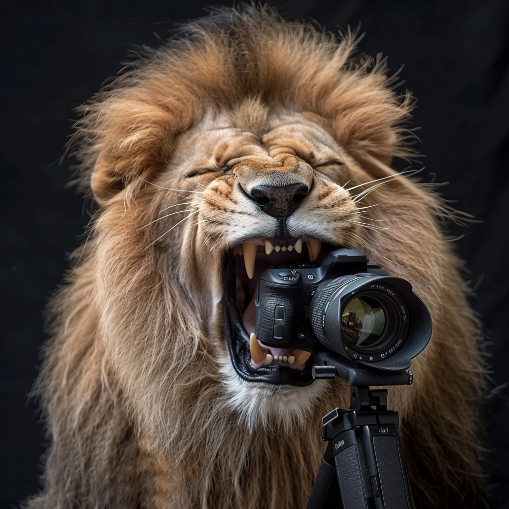 Lion with camera in mouth