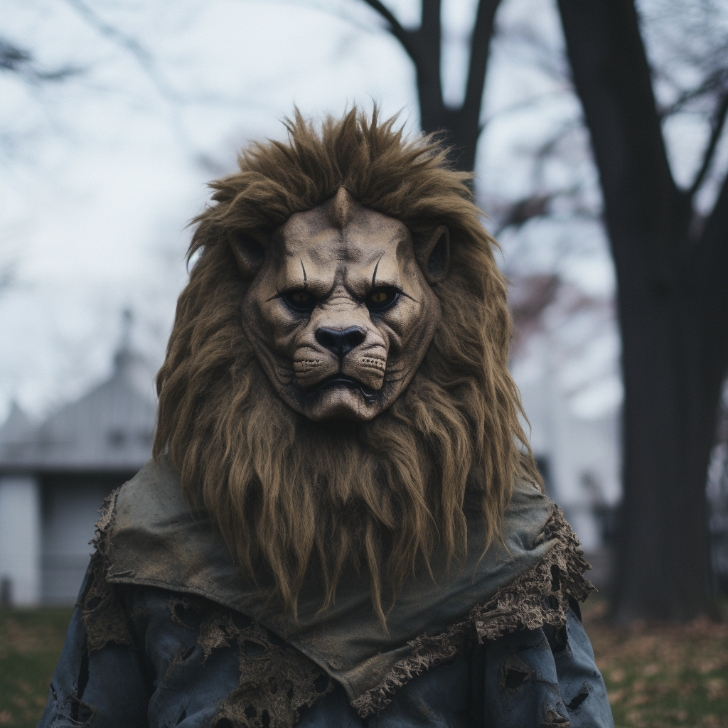 Lion in Cemetery with Michael Myers Mask