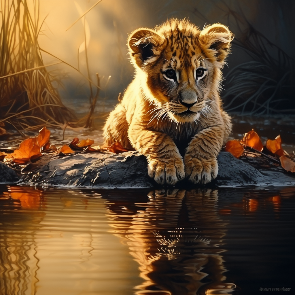 Adorable lion cub reflecting golden light