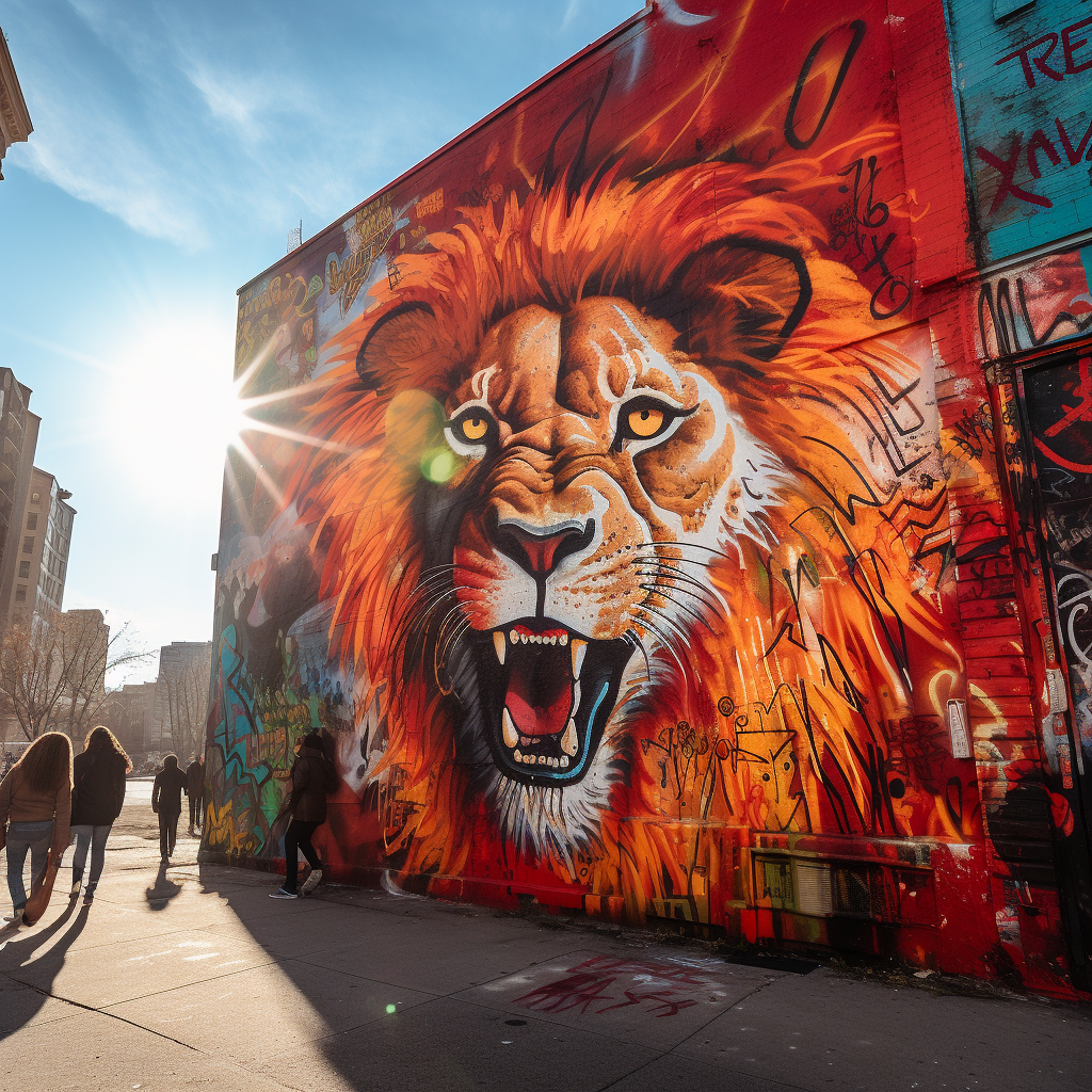 Colorful Lion Graffiti on City Wall