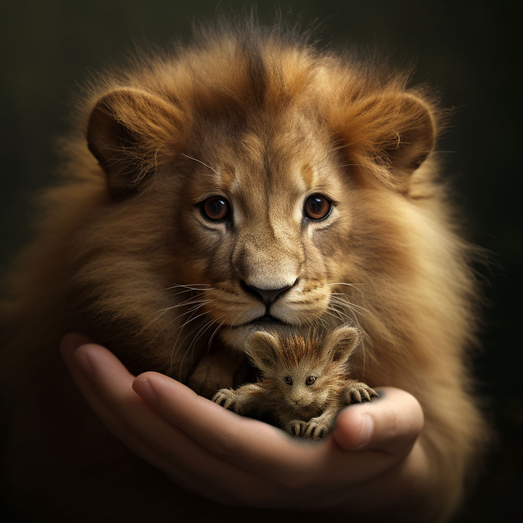 Lion and Baby Squirrel Holding Hands