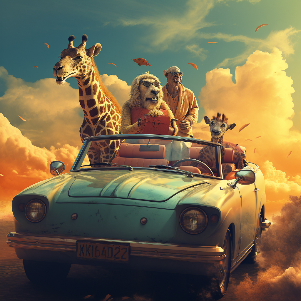 Fun Ride with Lion, Hippo, Hyena, Giraffe in Convertible