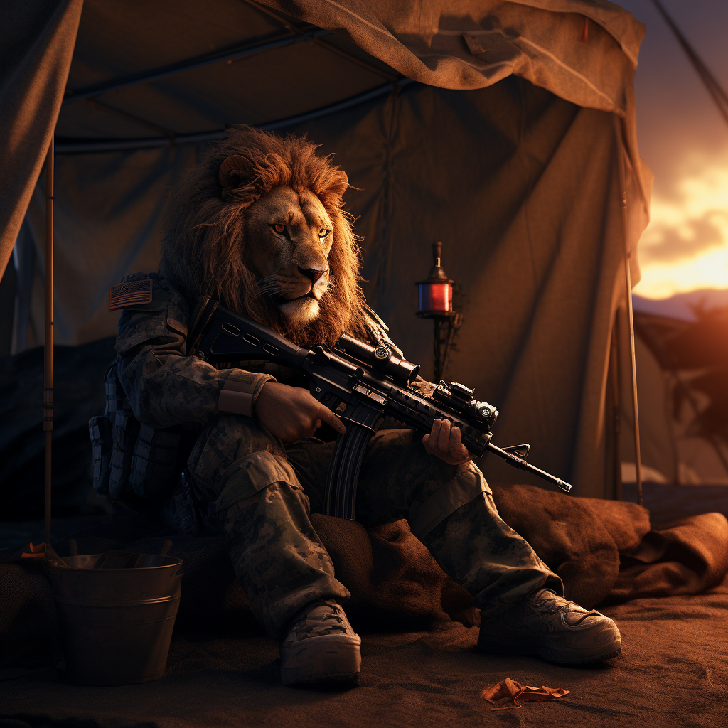 Realistic image of lion holding M249 in tent