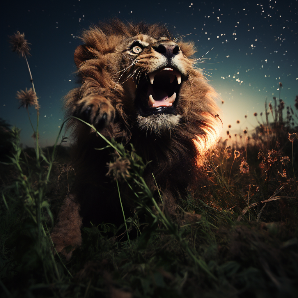 Silhouette of lion leaping at rodent