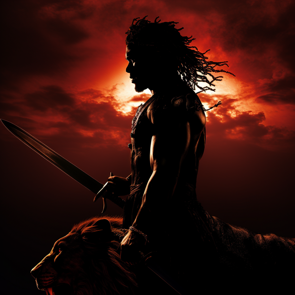 Silhouette of Brave Lion-Man with Knives