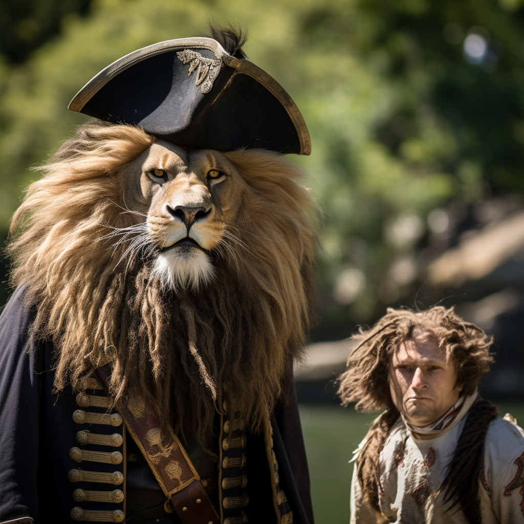 Lion triumphantly stands over goofy pirate