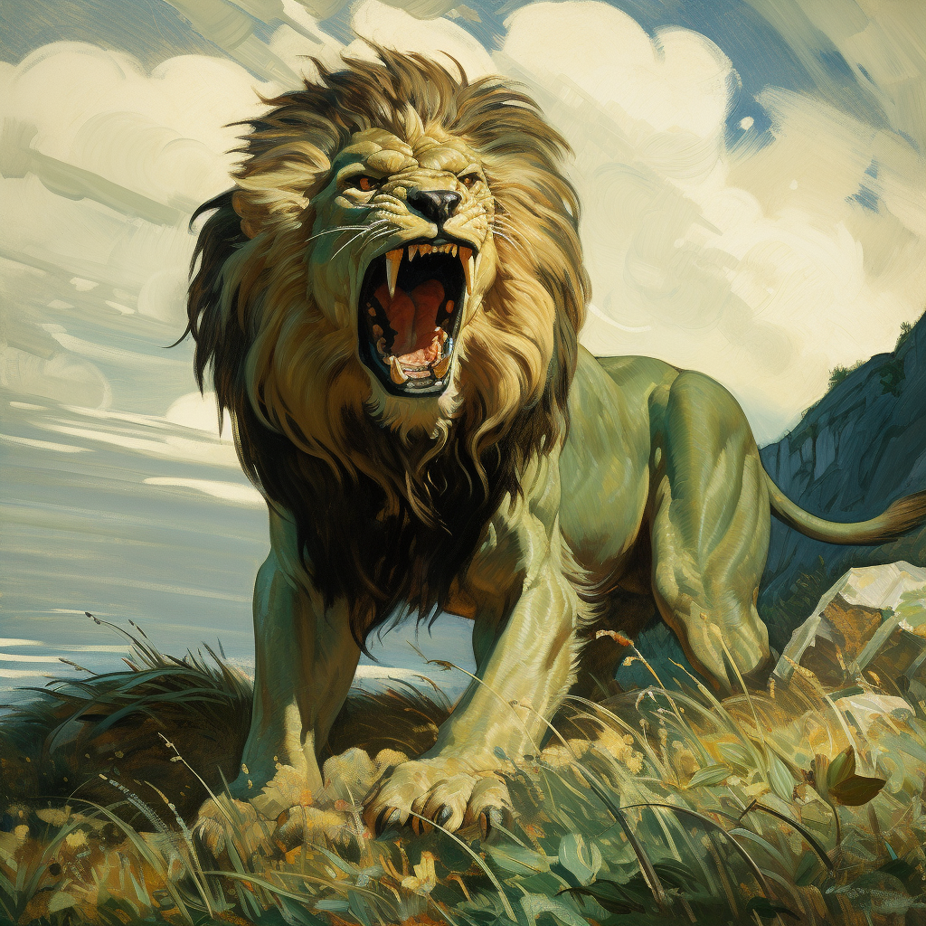 Lion Roaring in Green Field