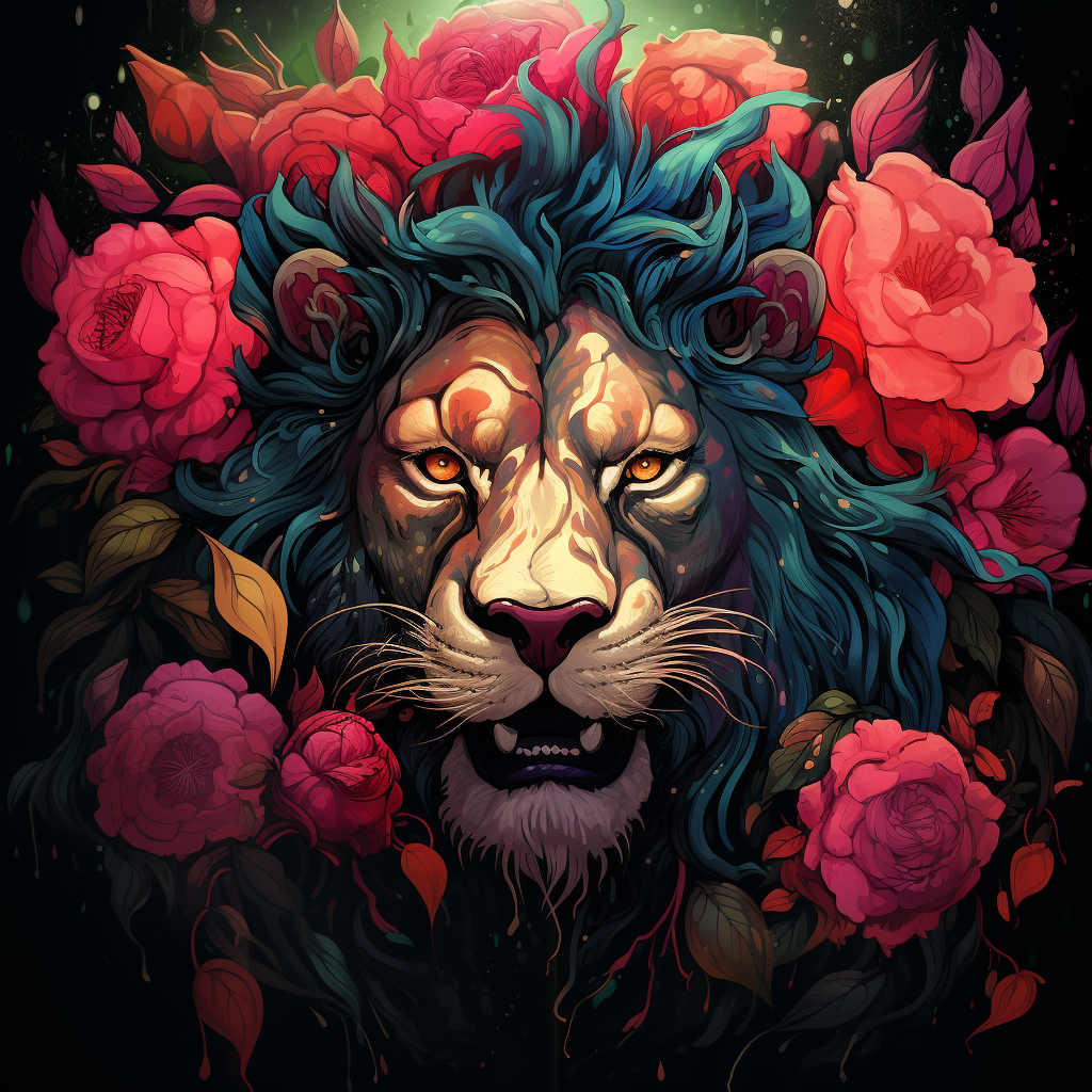 Colorful lion and roses illustration