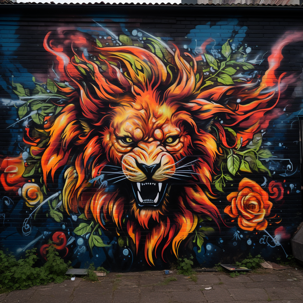 Colorful graffiti of lion surrounded by roses and fire