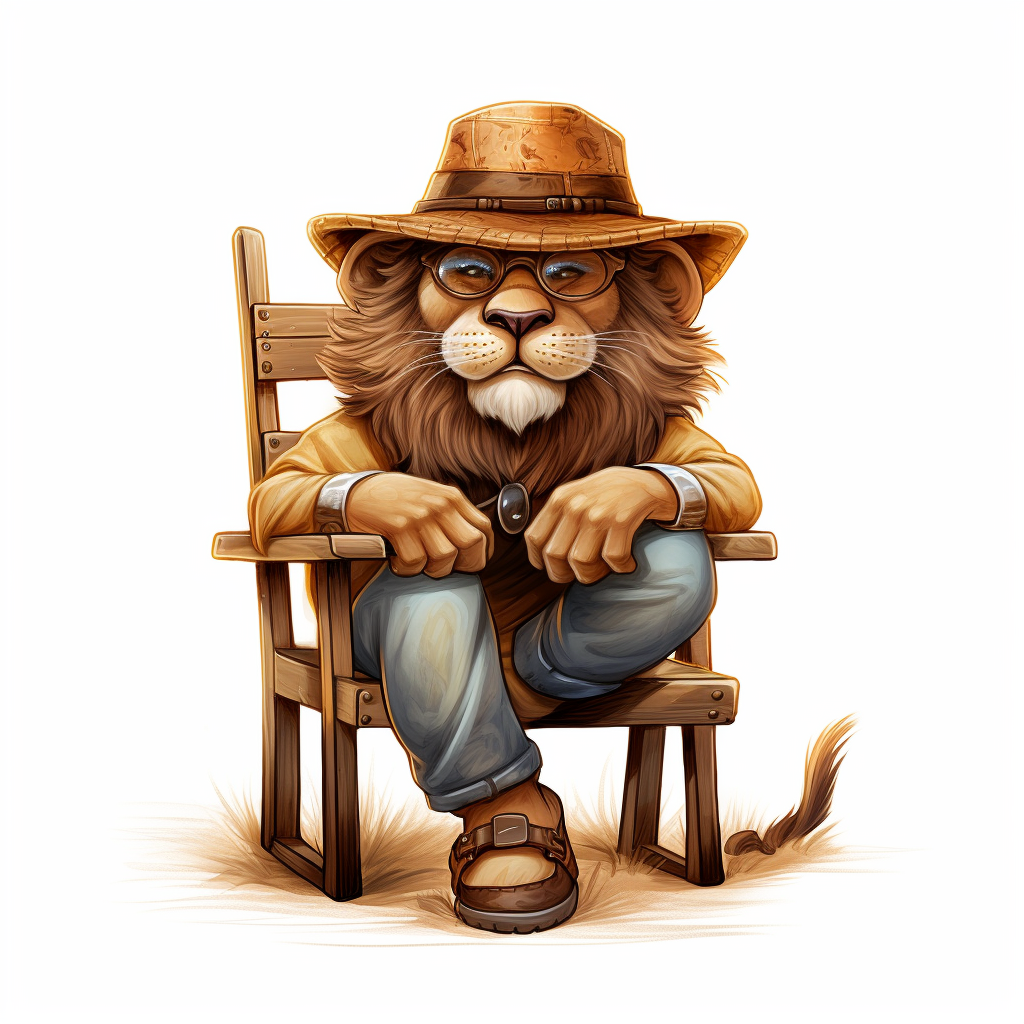 Cartoon lion sitting on wooden chair with hat and eyeglass