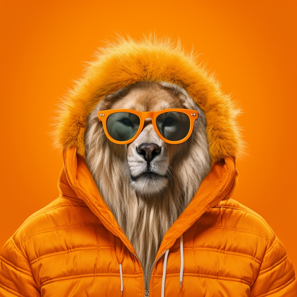 Stylish lion wearing hoodie and sunglasses