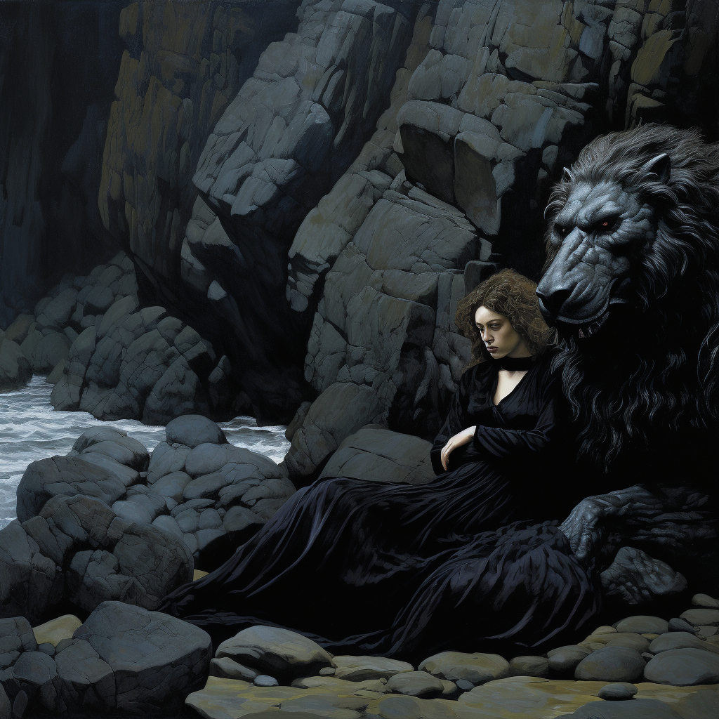 Half Lion Half Woman Lounging on Rocks