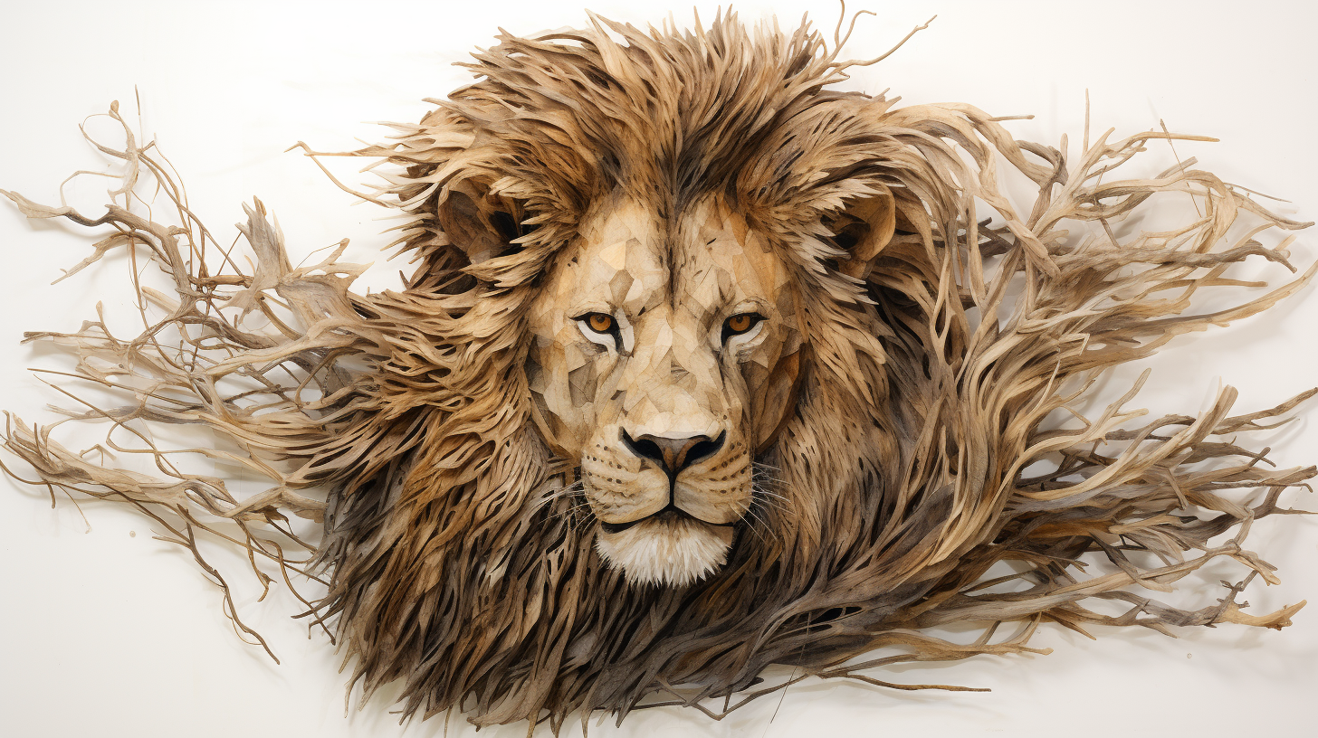 Abstract lion artwork made from wood branches