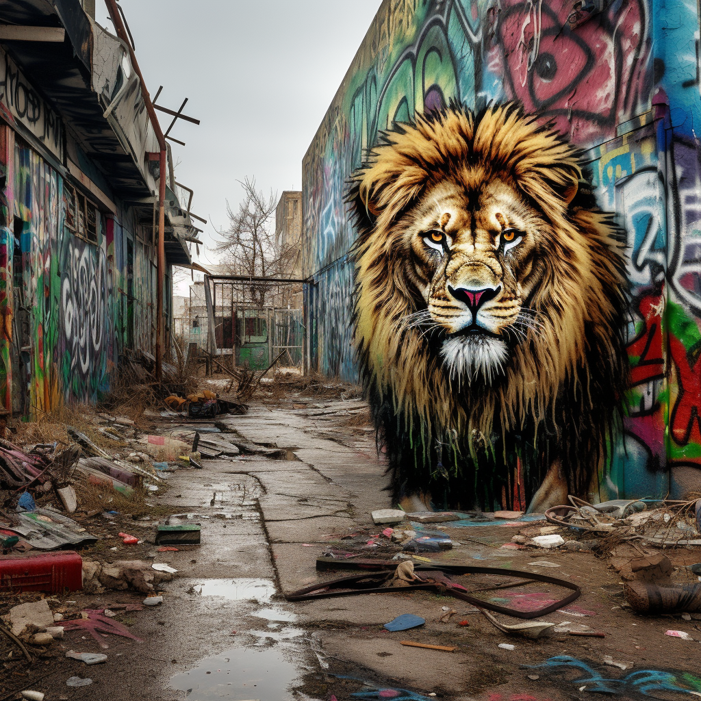 Majestic Lion Walking in Abandoned City