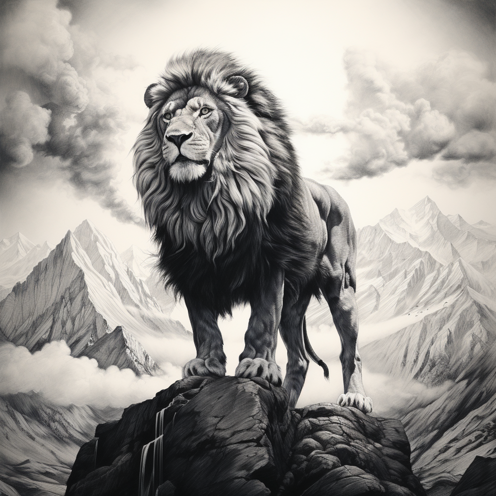 Black and white drawing of a lion on a mountain