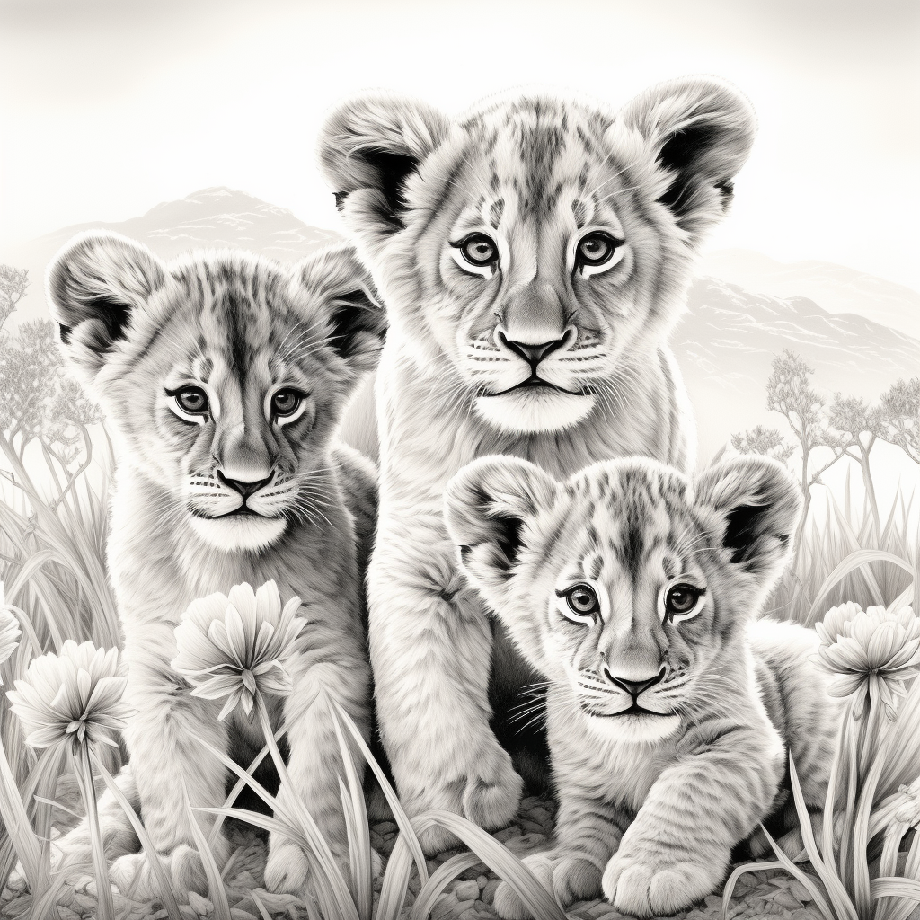 Lion cubs on safari in black and white