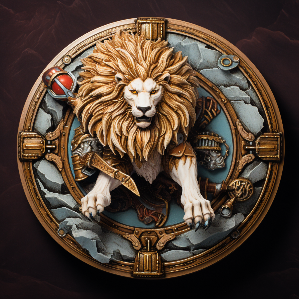 Lion gaming miniature with shield on white background