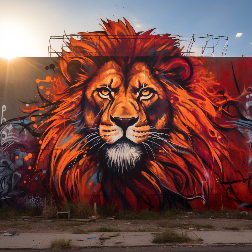 Colorful lion graffiti on city wall