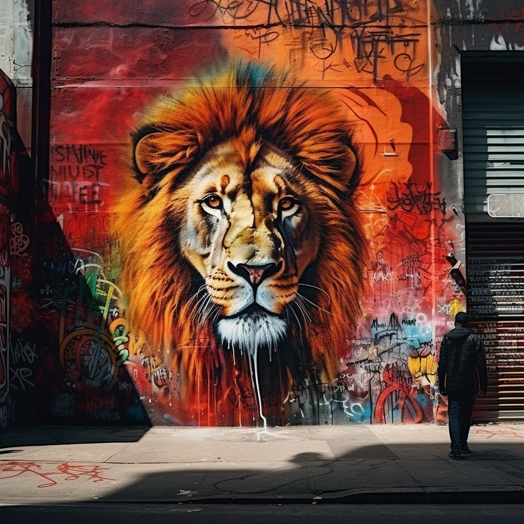 Vibrant Lion Graffiti on City Wall