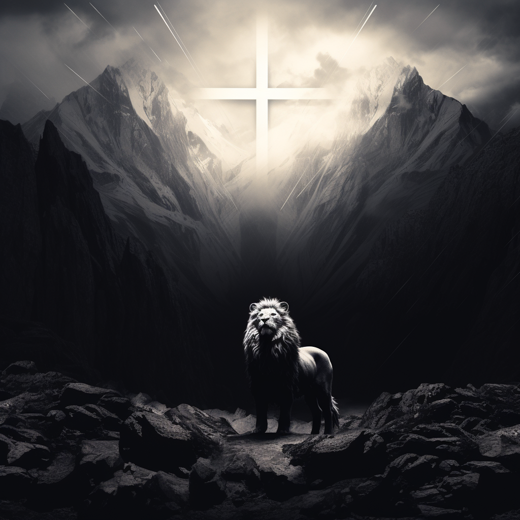 Majestic lion admiring glowing cross in mountains