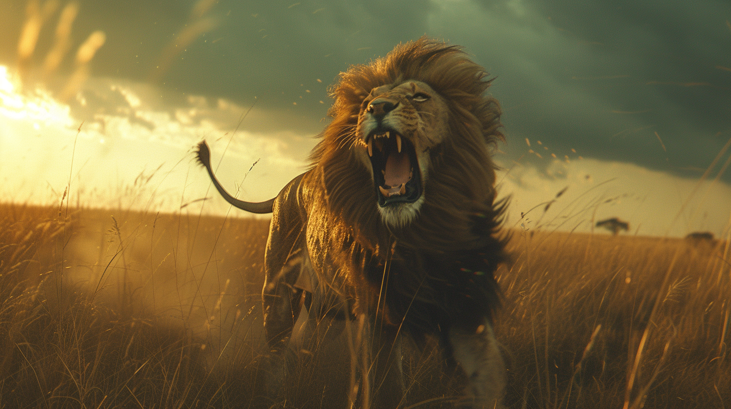 Lion Roaring in Savanna