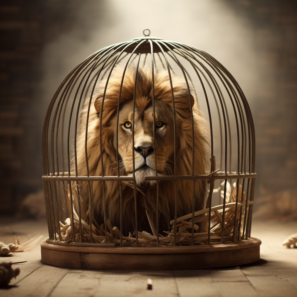 A powerful lion fighting to fit in a tiny cage