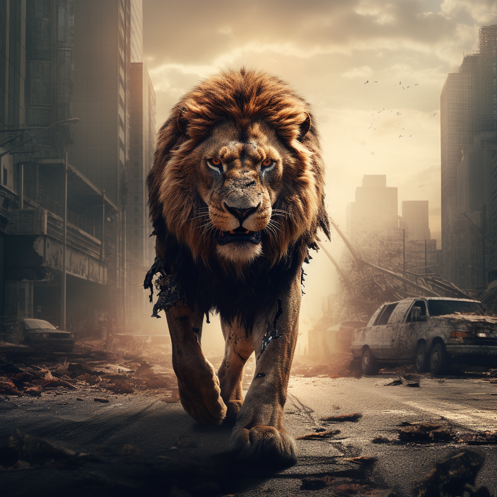 Lion walking through post-apocalyptic city streets