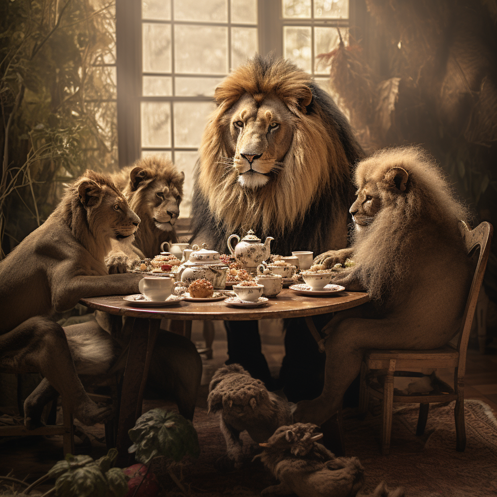 A lion and friends enjoying a tea party