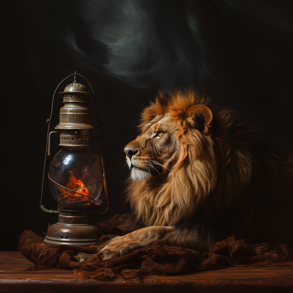 Majestic lion tail brushing on an old oil lamp