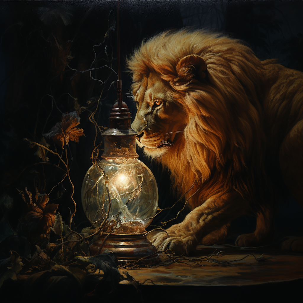 Lion rubbing an old oil lamp