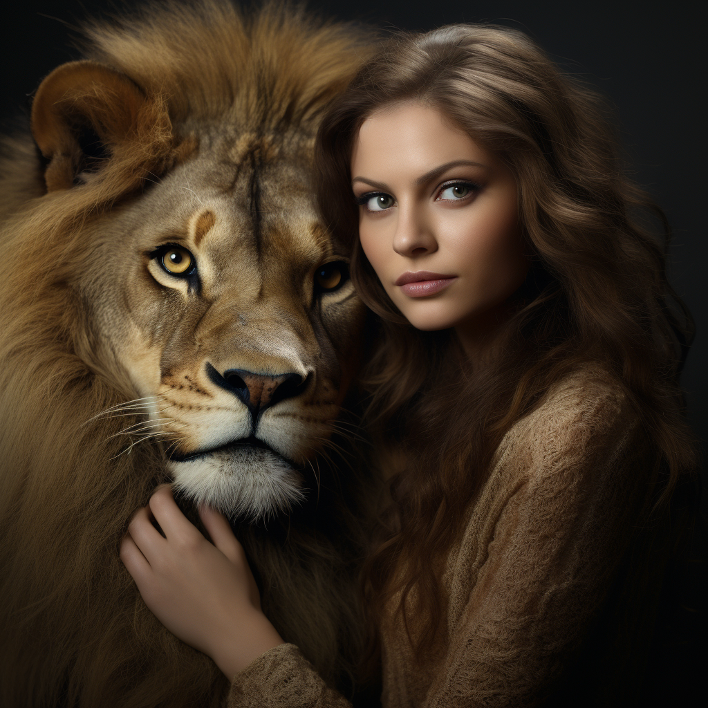 A powerful woman ruling a realistic lion