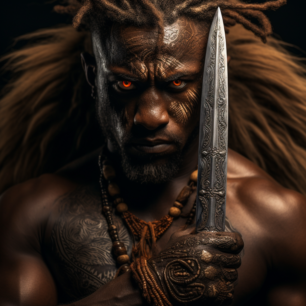 Lionman with knives on dark background