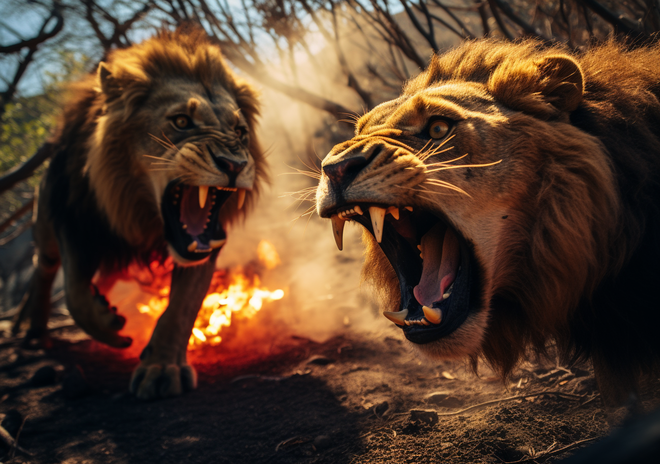 Two lions fighting with red spots