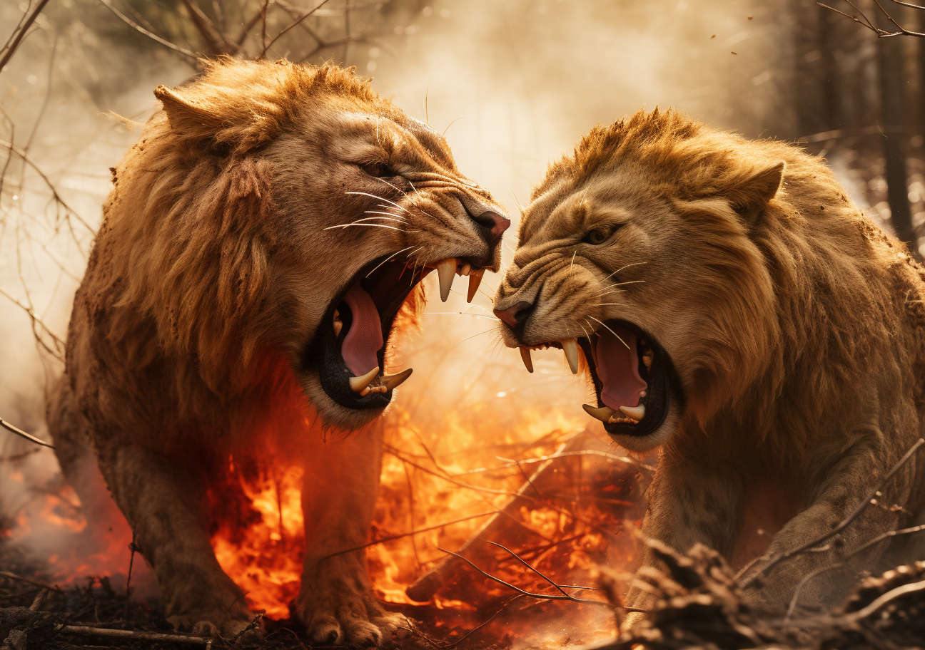 Two roaring lions in intense play