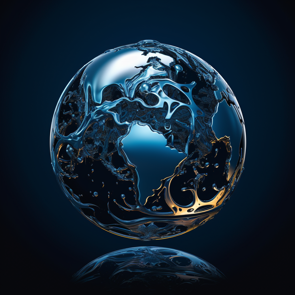 Shiny liquid metal globe on dark blue background