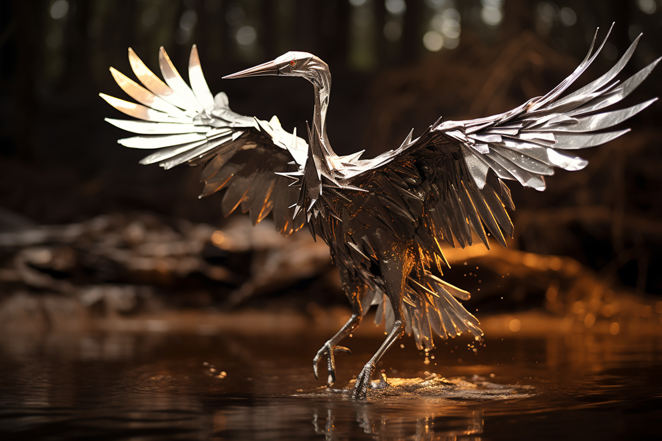 Beautiful liquid metal origami crane artwork