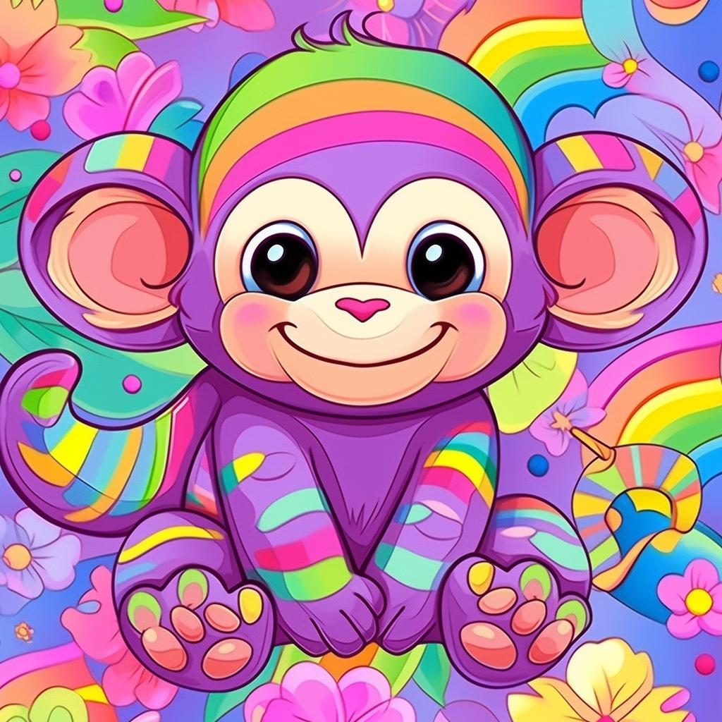 Cute monkey illustration with Lisa Frank inspiration